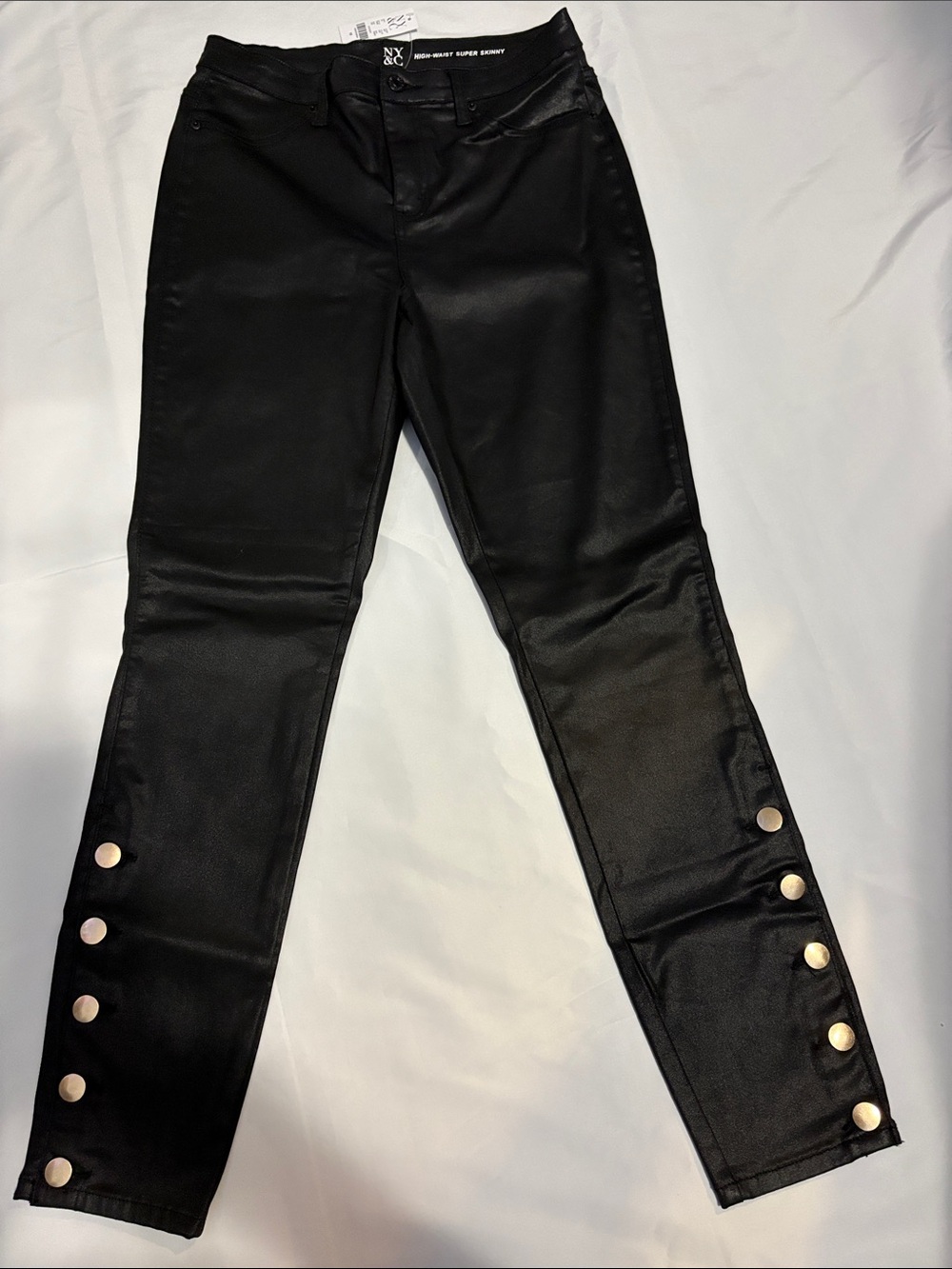 New York & Company Black Coated Skinny Pants with Gold Snap Details